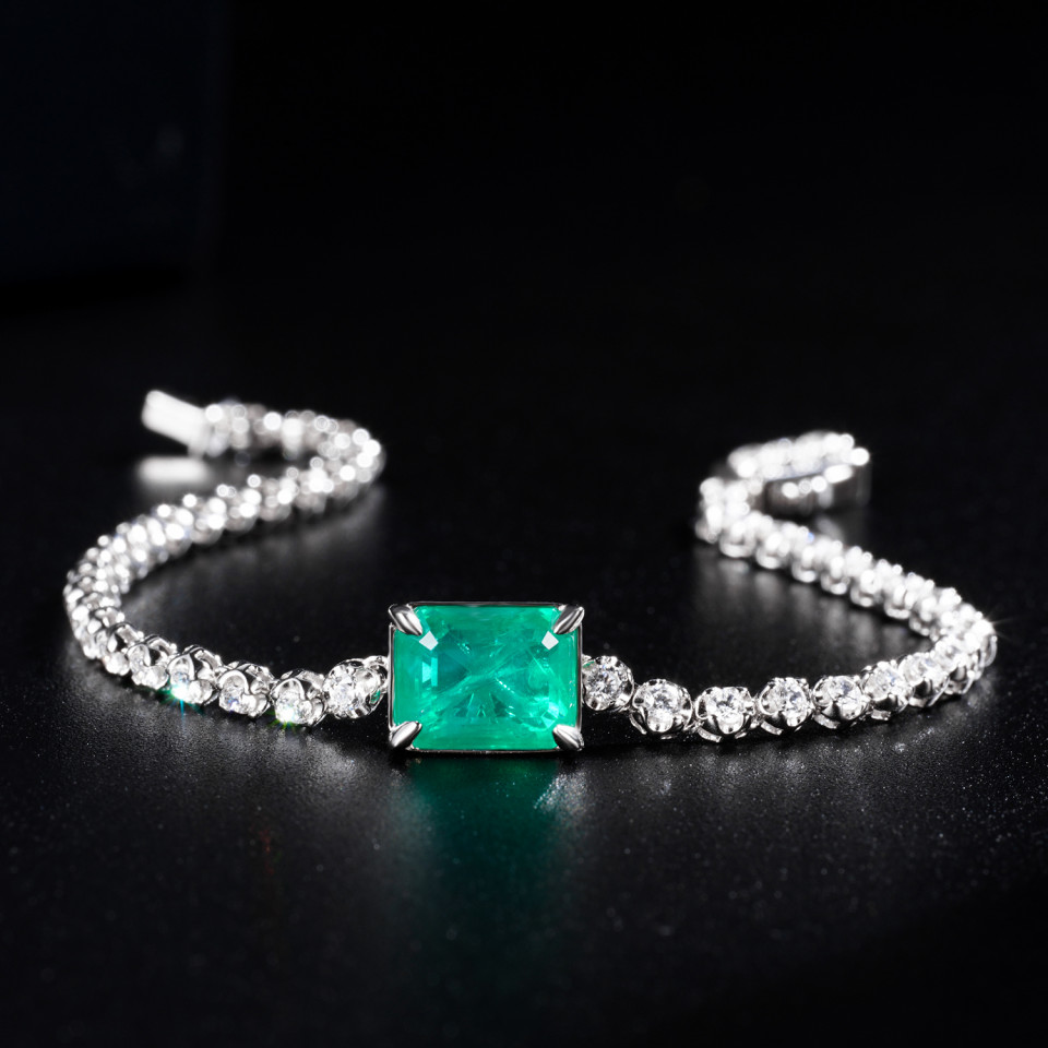 925 Sterling Silver Diamond Tennis Emerald Gemstone Bracelet